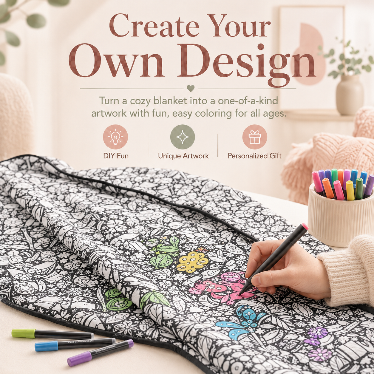 🎨DIY Washable Drawing Blanket, 24 Colors Markers for Adults