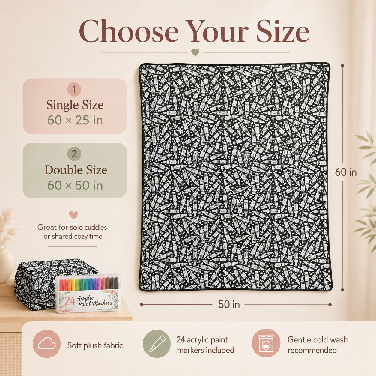 🎨DIY Washable Drawing Blanket, 24 Colors Markers for Adults