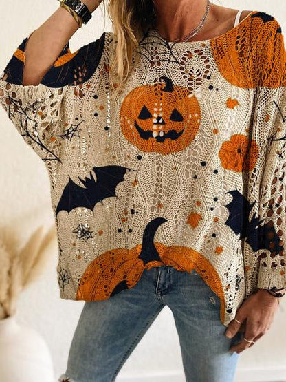 🎃 Women’s Pumpkin & Bat Crochet Knit Top – Festive Off-Shoulder Fall Style 🍂