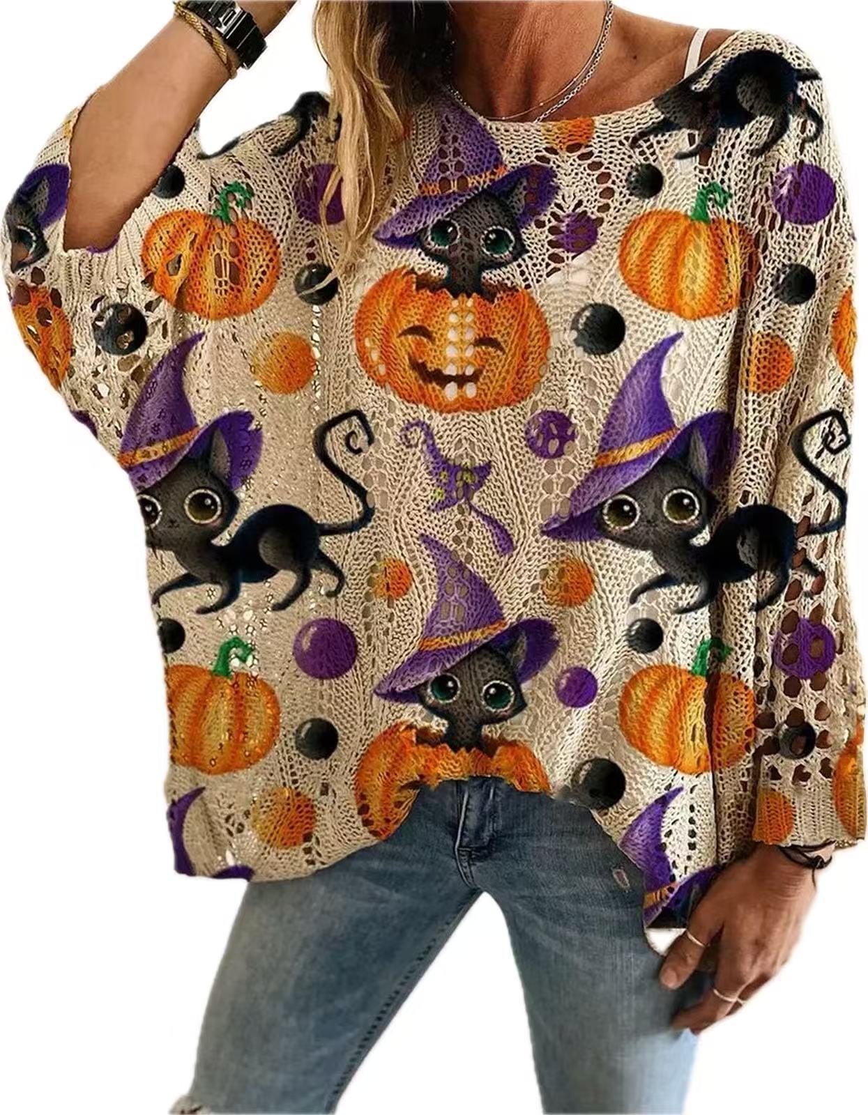 🎃 Women’s Pumpkin & Bat Crochet Knit Top – Festive Off-Shoulder Fall Style 🍂