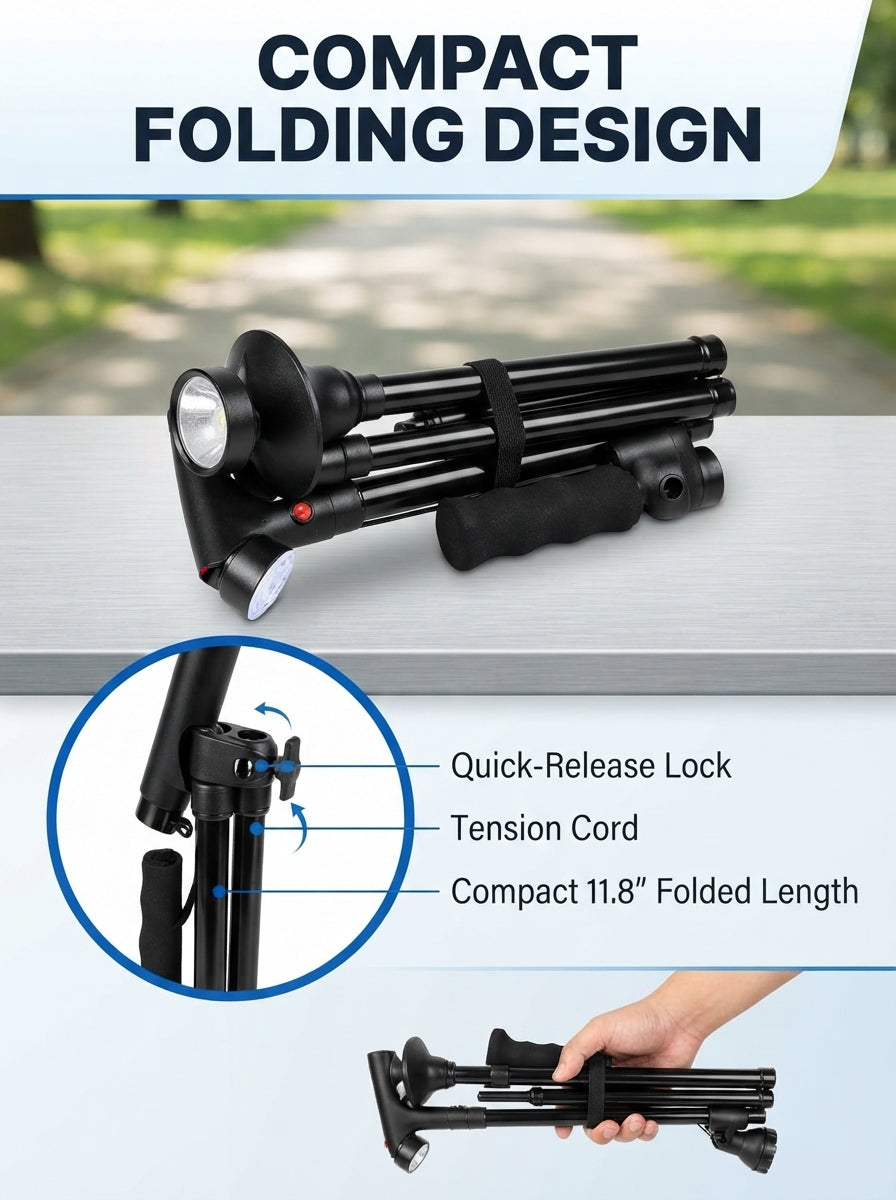 🦯LIMITED-TIME 50% OFF! 💡 Multifunction Folding Walking Cane – Built-In Light, Emergency Alarm, Quad Base & 5-Level Height Adjustment✨