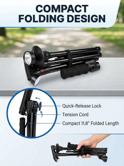 🦯LIMITED-TIME 50% OFF! 💡 Multifunction Folding Walking Cane – Built-In Light, Emergency Alarm, Quad Base & 5-Level Height Adjustment✨