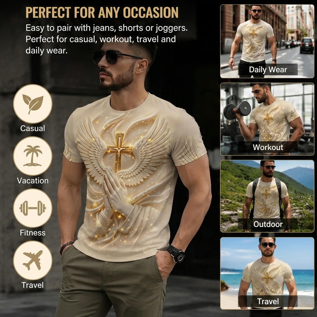 🔥 Hot Sale | Angel Wings Cross 3D Print Slim-Fit T-Shirt