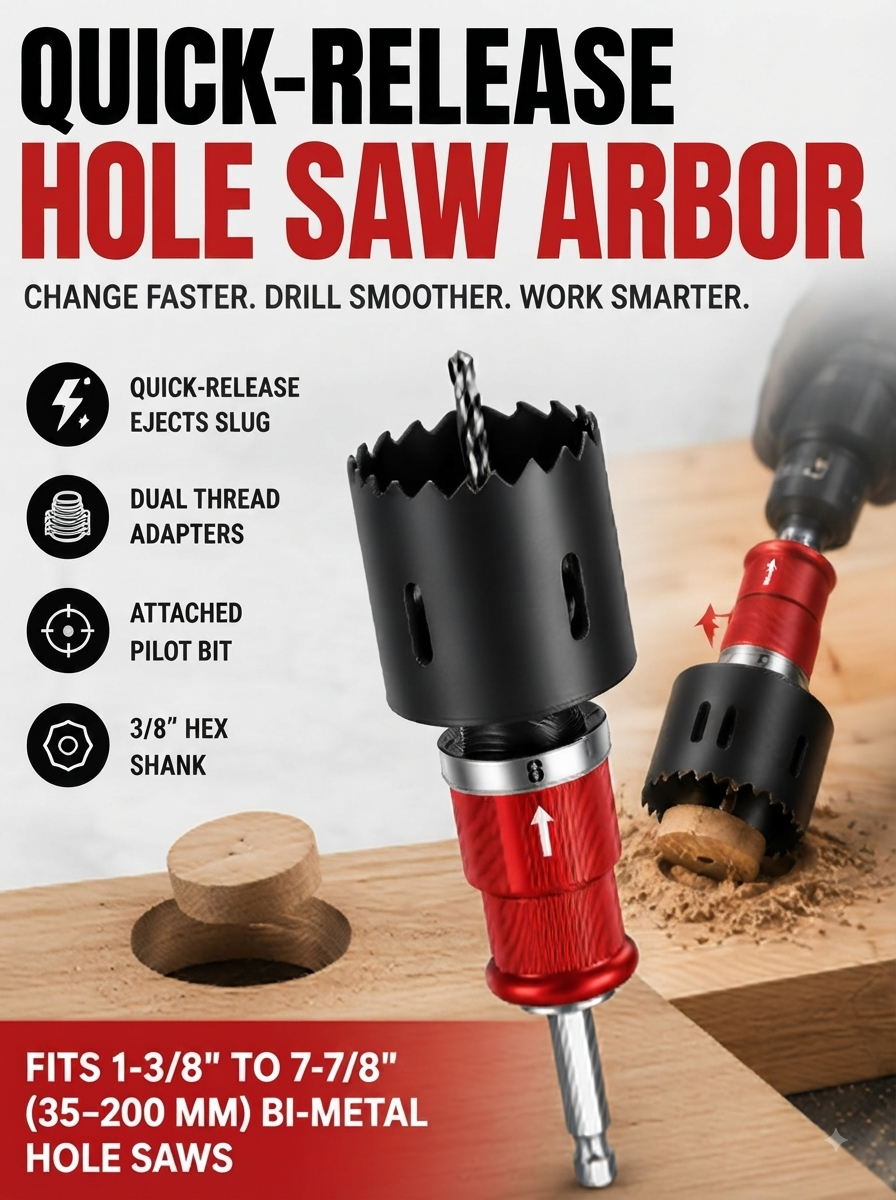 ⚡ Tool Time Savings Hole Saw Arbor with Quick-Release Shank & Pilot Bit