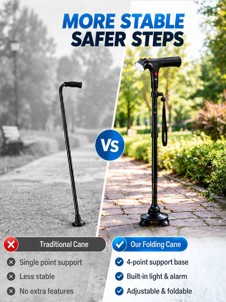 🦯LIMITED-TIME 50% OFF! 💡 Multifunction Folding Walking Cane – Built-In Light, Emergency Alarm, Quad Base & 5-Level Height Adjustment✨