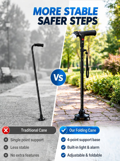 🦯LIMITED-TIME 50% OFF! 💡 Multifunction Folding Walking Cane – Built-In Light, Emergency Alarm, Quad Base & 5-Level Height Adjustment✨
