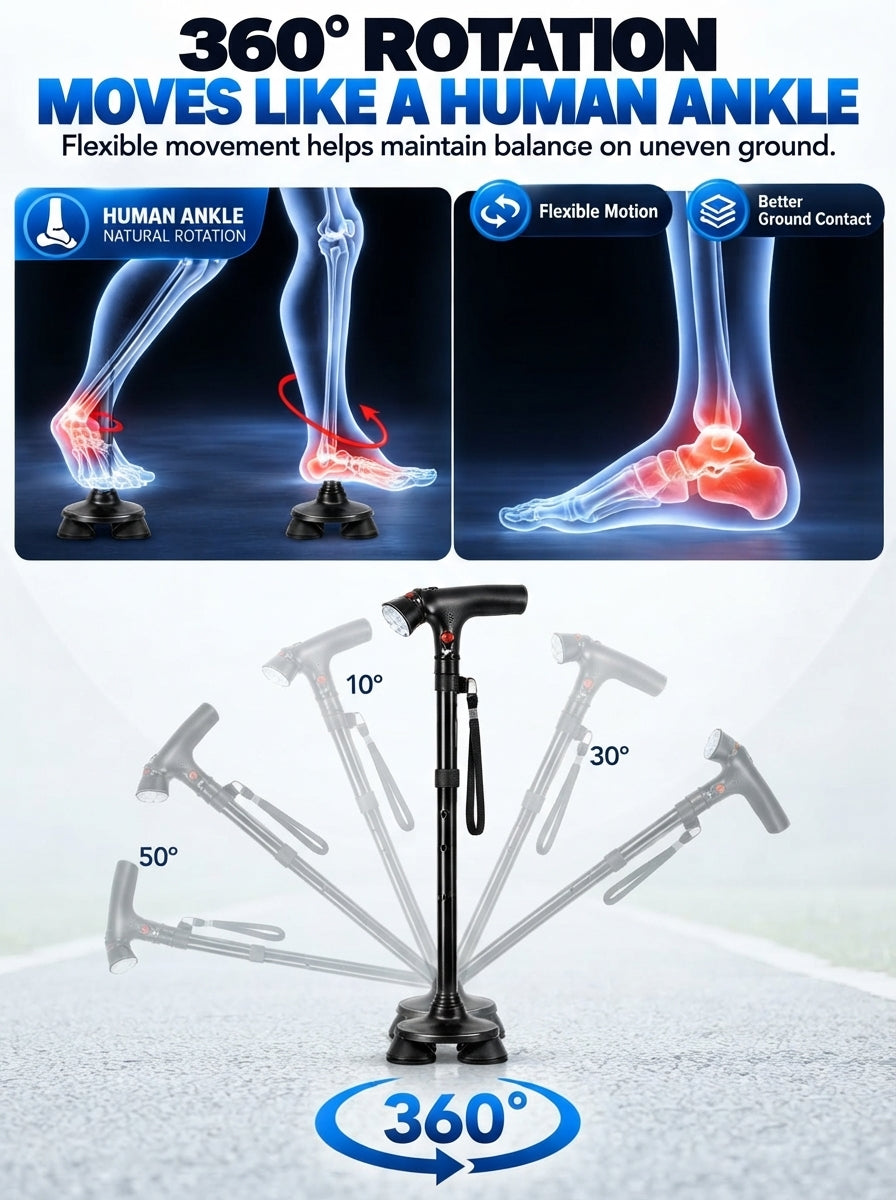 🦯LIMITED-TIME 50% OFF! 💡 Multifunction Folding Walking Cane – Built-In Light, Emergency Alarm, Quad Base & 5-Level Height Adjustment✨