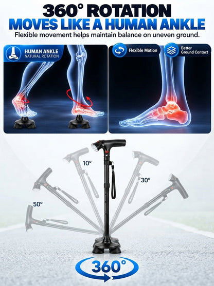 🦯LIMITED-TIME 50% OFF! 💡 Multifunction Folding Walking Cane – Built-In Light, Emergency Alarm, Quad Base & 5-Level Height Adjustment✨