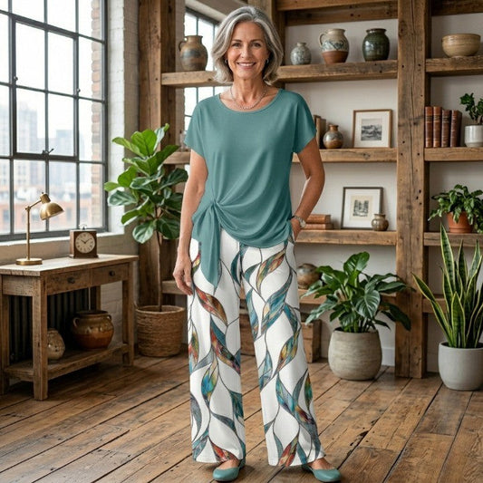 🌸 Women's Casual Printed Shirt & Straight Pants Set