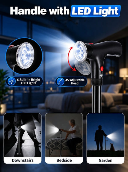 🦯LIMITED-TIME 50% OFF! 💡 Multifunction Folding Walking Cane – Built-In Light, Emergency Alarm, Quad Base & 5-Level Height Adjustment✨