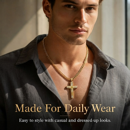 ✨ Gold-Plated Cuban Figaro Cross Necklace – 24" Miami Crucifix, Handcrafted Polished, Perfect Father's Day Gift