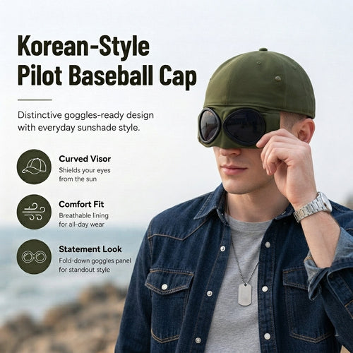 🧢 Korean-Style Pilot Cap – Curved Visor, Glasses-Ready