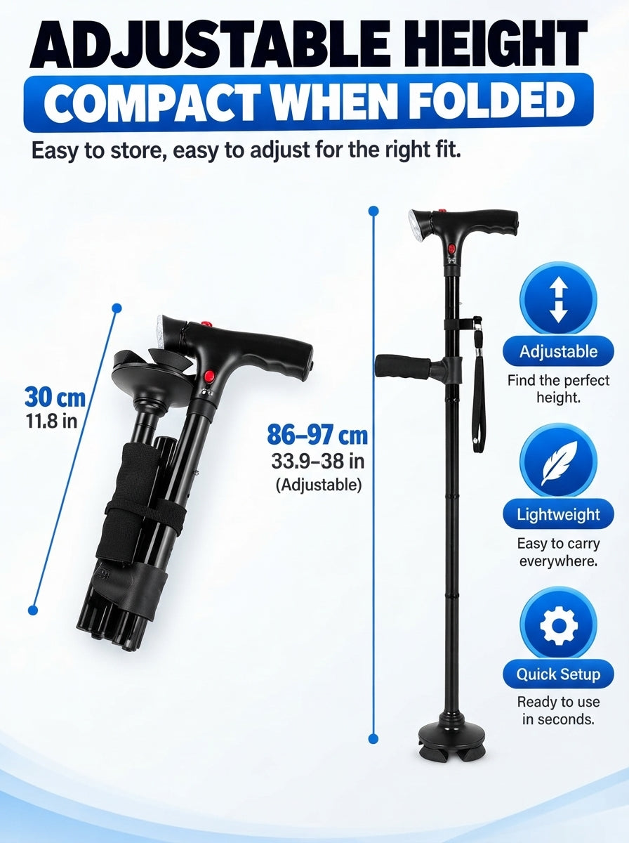 🦯LIMITED-TIME 50% OFF! 💡 Multifunction Folding Walking Cane – Built-In Light, Emergency Alarm, Quad Base & 5-Level Height Adjustment✨