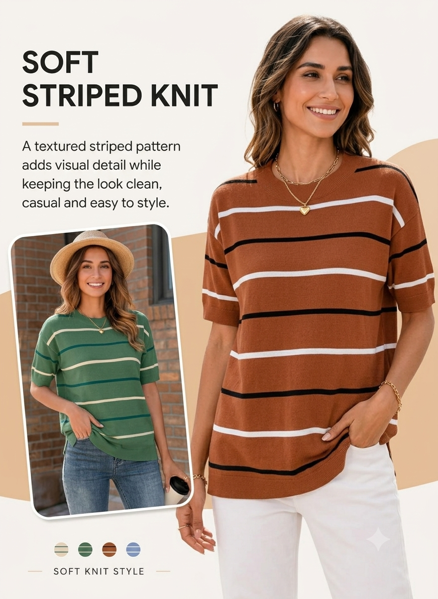 🔥Women's Striped Knit Round Neck Shortsleeve Baggy Pullover