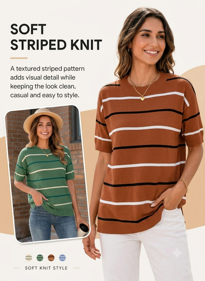 🔥Women's Striped Knit Round Neck Shortsleeve Baggy Pullover