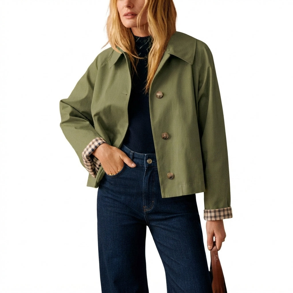 🧥 Classic Collar Cropped Jacket – Checkered Lining, Breezy Summer Style