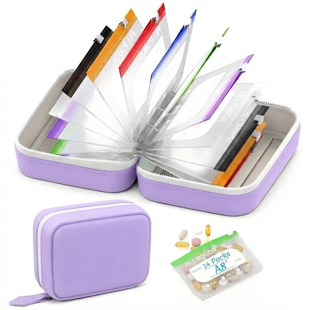 💊 Waterproof Pill Pouch Set – 14pcs A8 Bags, 7–14 Day Med Organizer with Color Labels