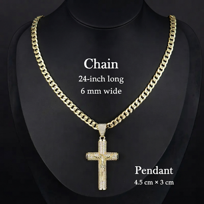✨ Gold-Plated Cuban Figaro Cross Necklace – 24" Miami Crucifix, Handcrafted Polished, Perfect Father's Day Gift
