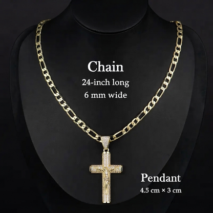 ✨ Gold-Plated Cuban Figaro Cross Necklace – 24" Miami Crucifix, Handcrafted Polished, Perfect Father's Day Gift