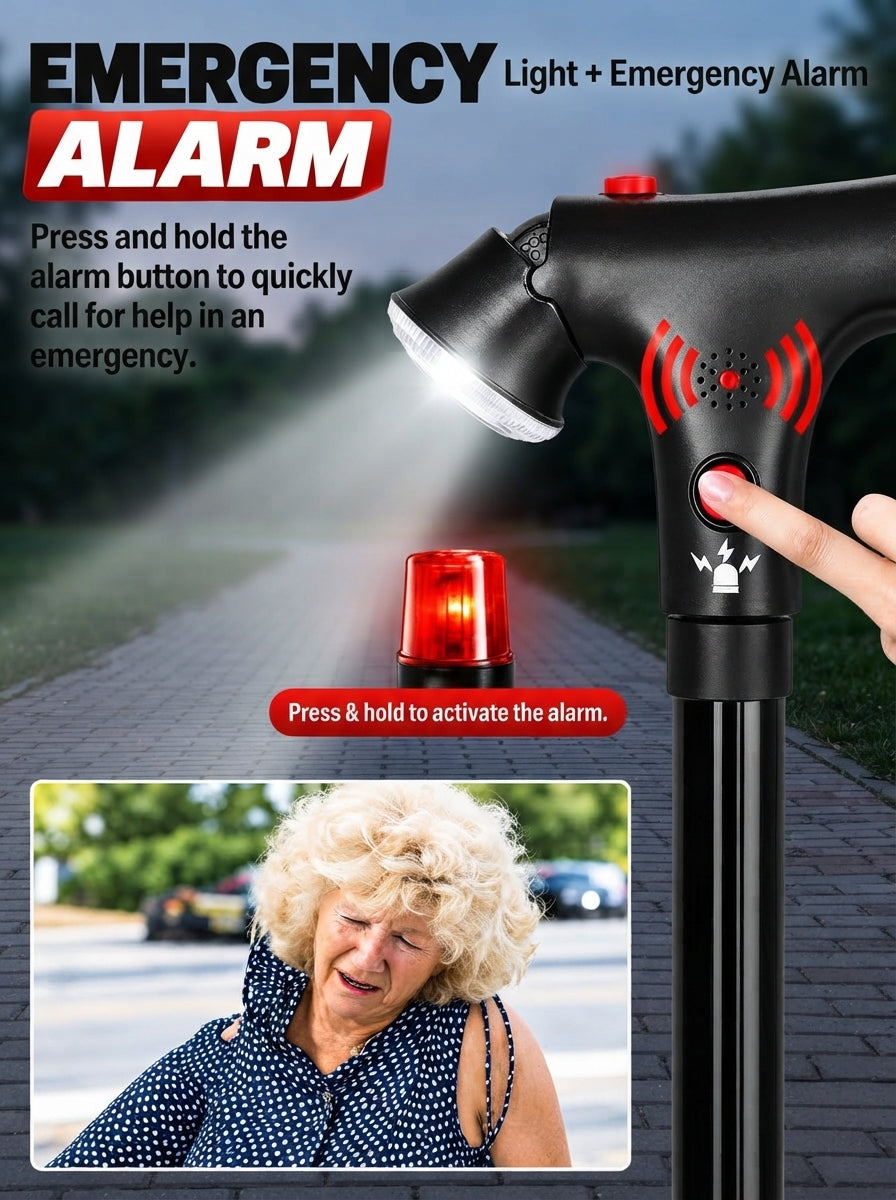 🦯LIMITED-TIME 50% OFF! 💡 Multifunction Folding Walking Cane – Built-In Light, Emergency Alarm, Quad Base & 5-Level Height Adjustment✨