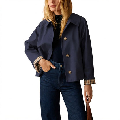 🧥 Classic Collar Cropped Jacket – Checkered Lining, Breezy Summer Style