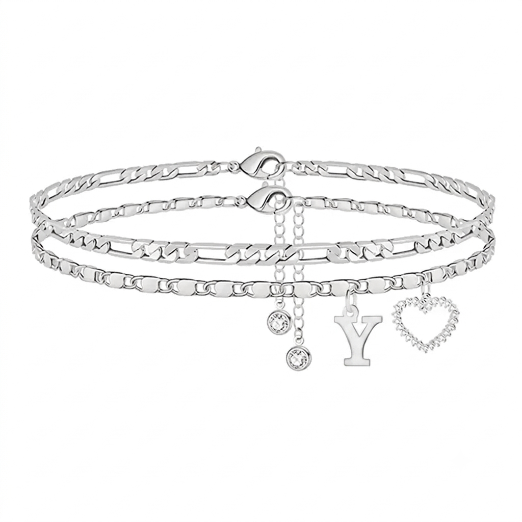 🎁Double-Layer 26-Letter Gold-Tone Chain Heart-Shaped Anklet with a heart-shaped pendant