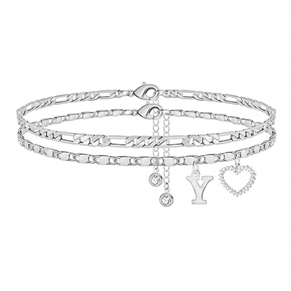🎁Double-Layer 26-Letter Gold-Tone Chain Heart-Shaped Anklet with a heart-shaped pendant
