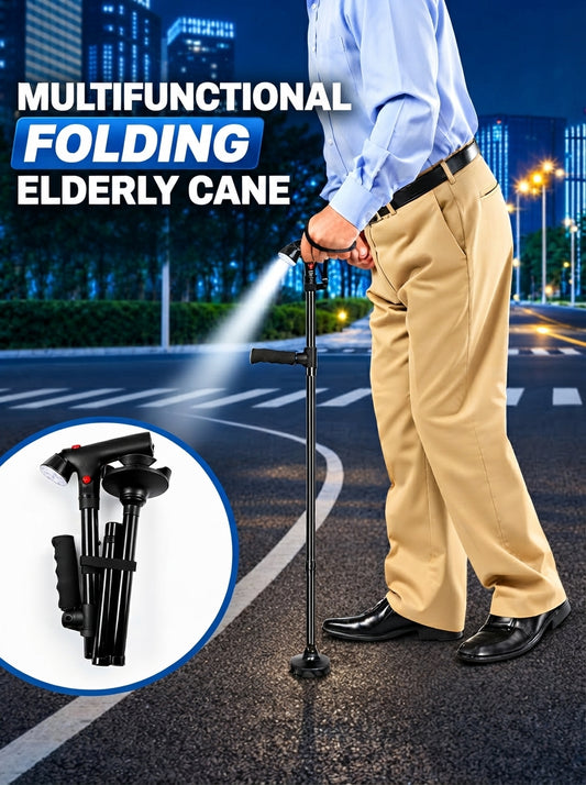 🦯LIMITED-TIME 50% OFF! 💡 Multifunction Folding Walking Cane – Built-In Light, Emergency Alarm, Quad Base & 5-Level Height Adjustment✨