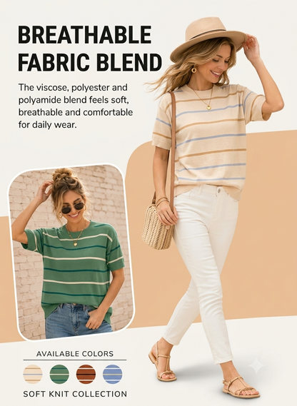 🔥Women's Striped Knit Round Neck Shortsleeve Baggy Pullover