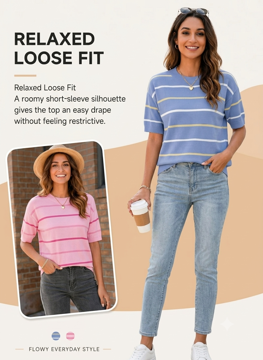 🔥Women's Striped Knit Round Neck Shortsleeve Baggy Pullover
