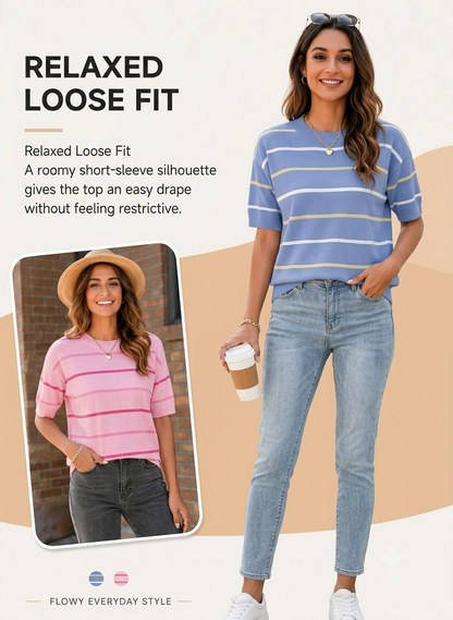 🔥Women's Striped Knit Round Neck Shortsleeve Baggy Pullover