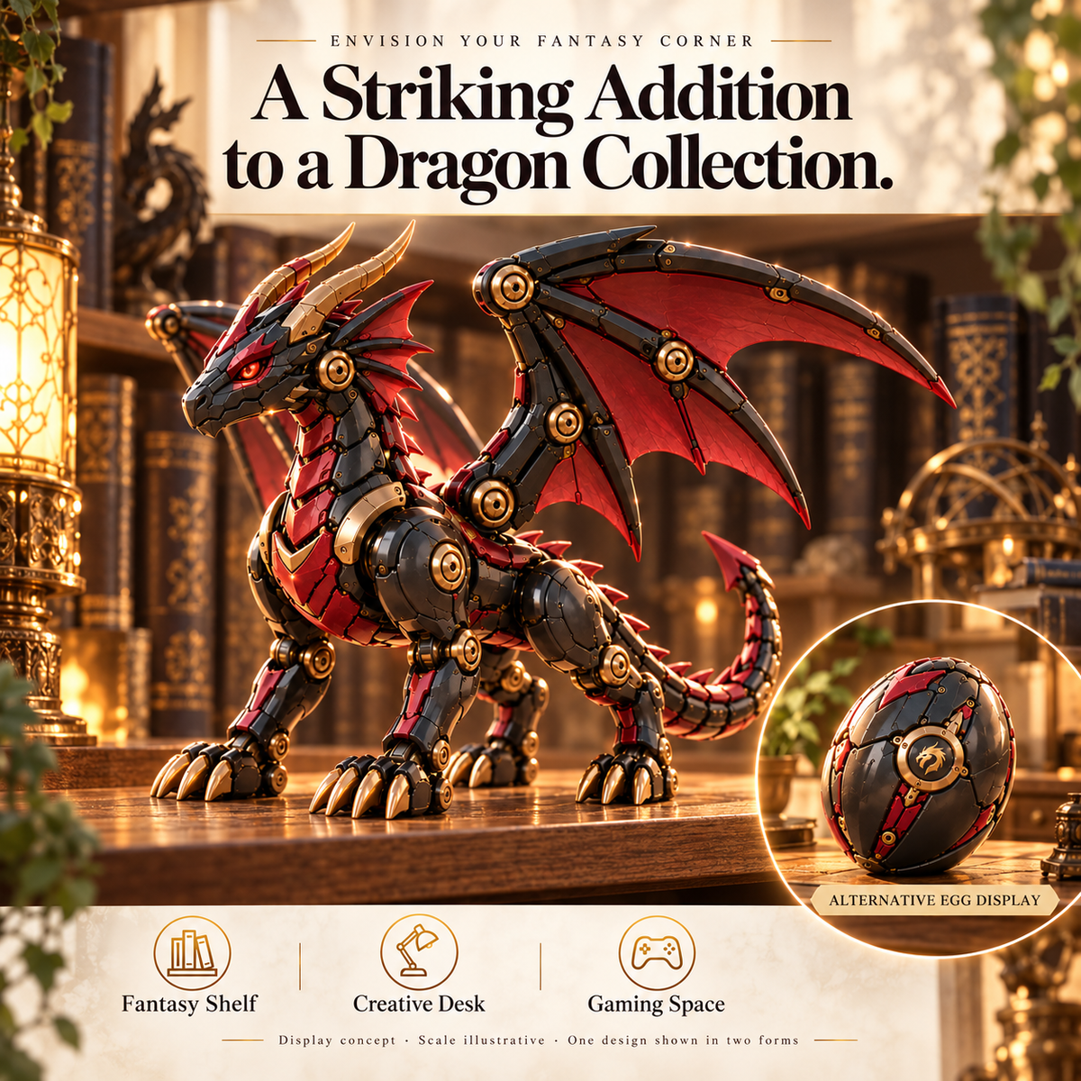 🔥LAST DAY 49% OFF -🐉 Mechanical Dragon Egg – Black & Crimson Dragon with Folding Wings & Armored Details