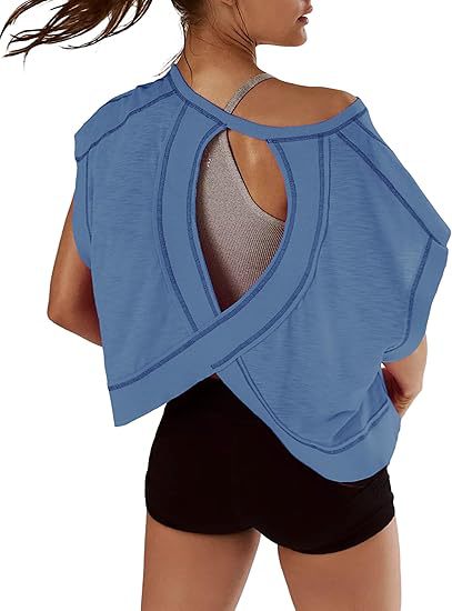 🔥Women’s Open Back Workout Tops Y2K Athletic Gym Slouchy Crop Running Tees