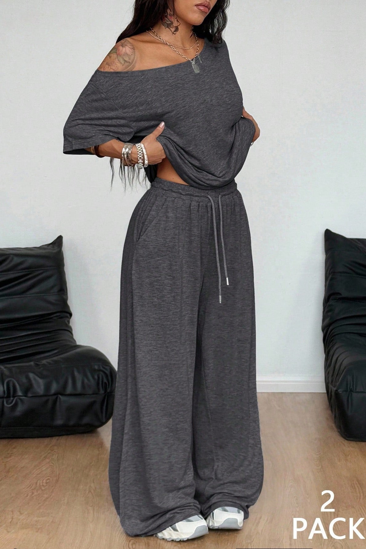 Women's Off-Shoulder Top & Wide-Leg Pants Set