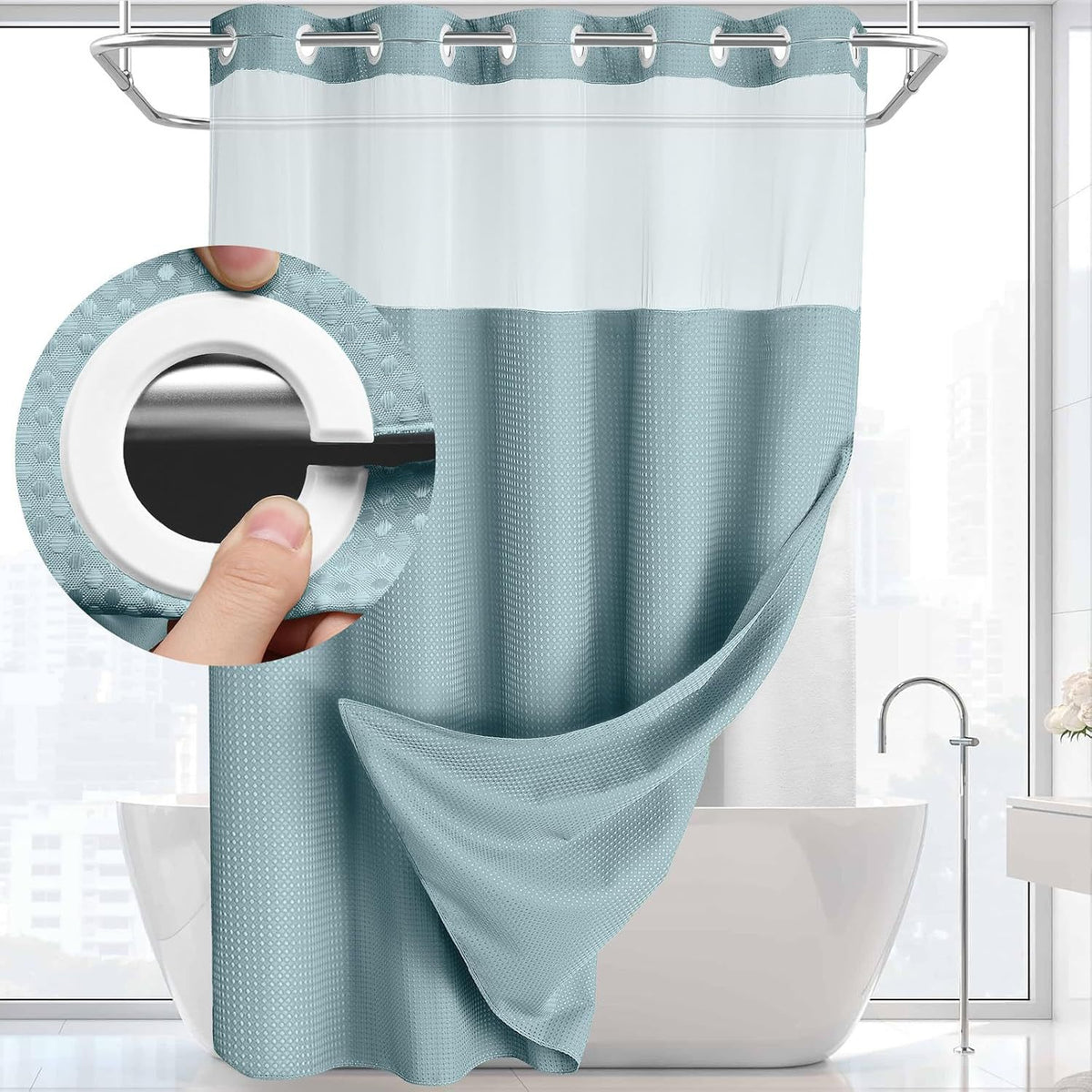 🎐Luxury Waffle Weave Shower Curtain Set with Sheer Liner & Hooks | Hotel Spa Collection