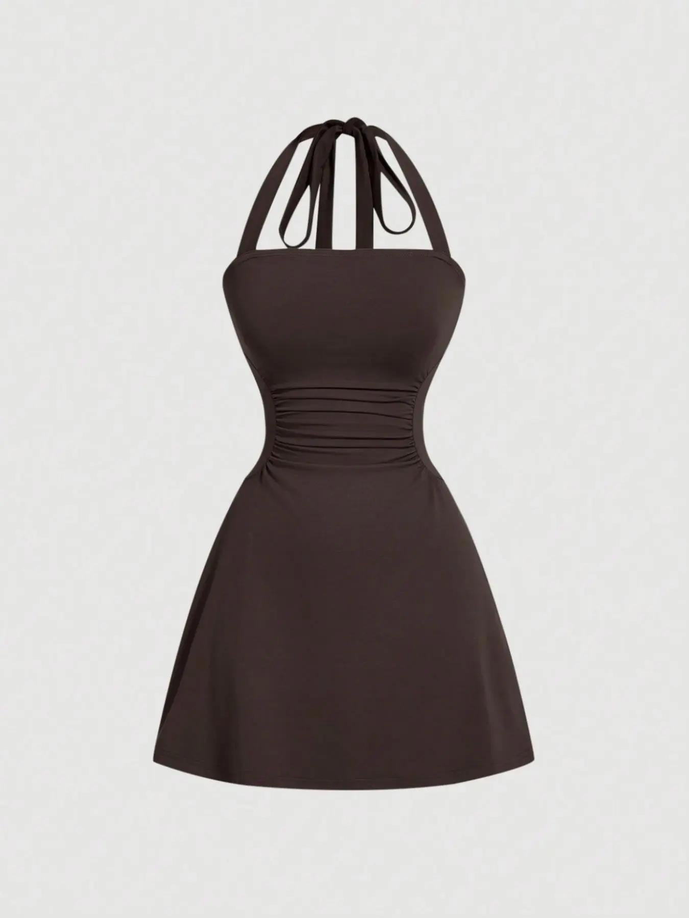 Women's Ruched Tie Back Halter Neck A-Line Mini Dress – Sleeveless Casual Summer Dress