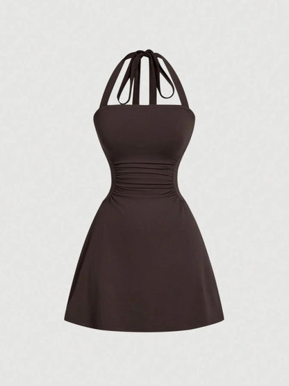 Women's Ruched Tie Back Halter Neck A-Line Mini Dress – Sleeveless Casual Summer Dress
