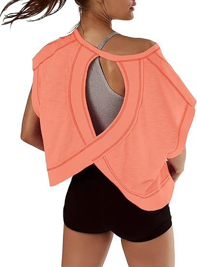 🔥Women’s Open Back Workout Tops Y2K Athletic Gym Slouchy Crop Running Tees