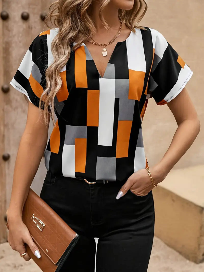 🔥2026 summer trend | Women's Plus Size Color Block Shirt Blouse Short