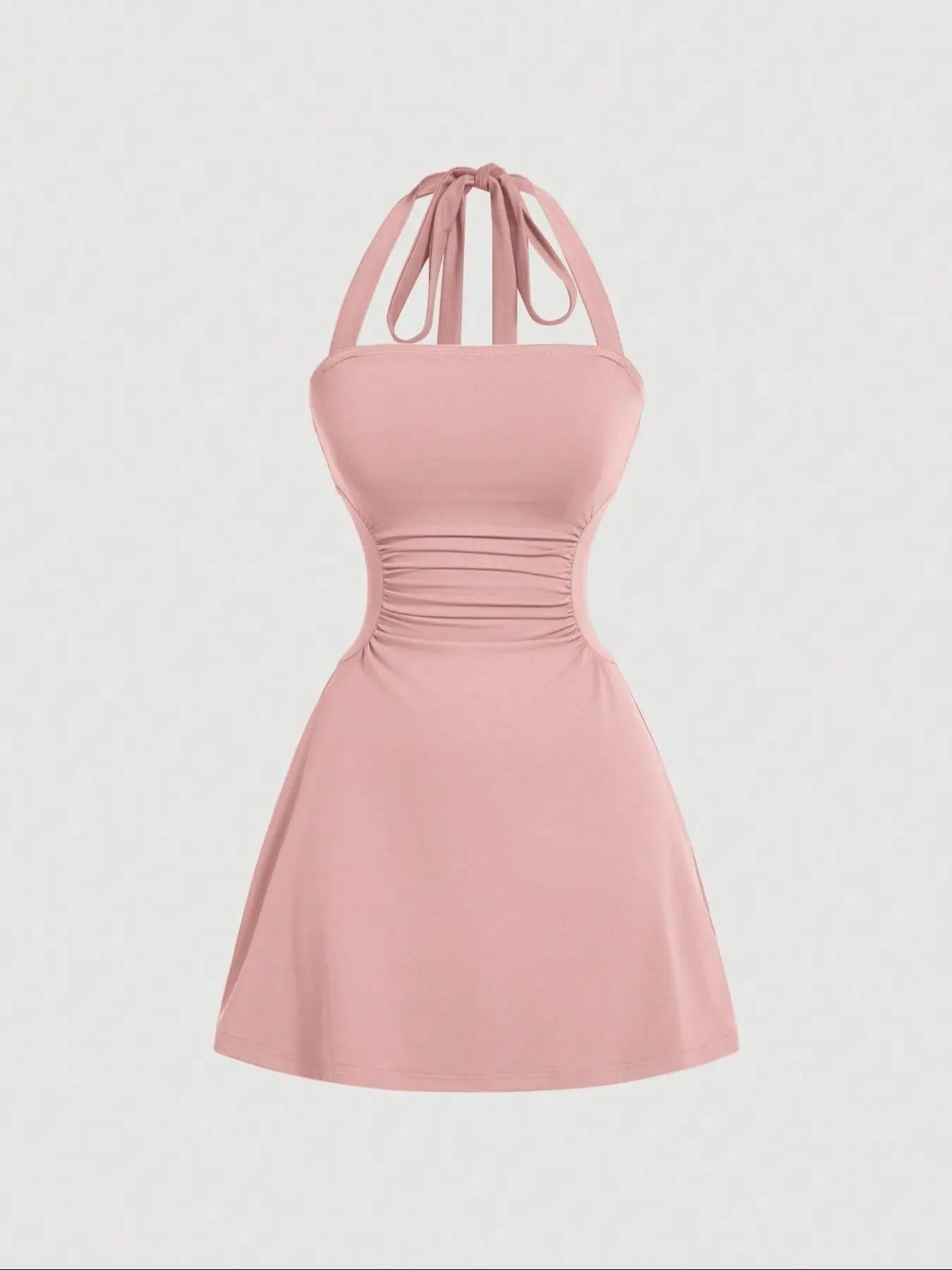 Women's Ruched Tie Back Halter Neck A-Line Mini Dress – Sleeveless Casual Summer Dress