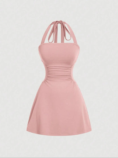 Women's Ruched Tie Back Halter Neck A-Line Mini Dress – Sleeveless Casual Summer Dress
