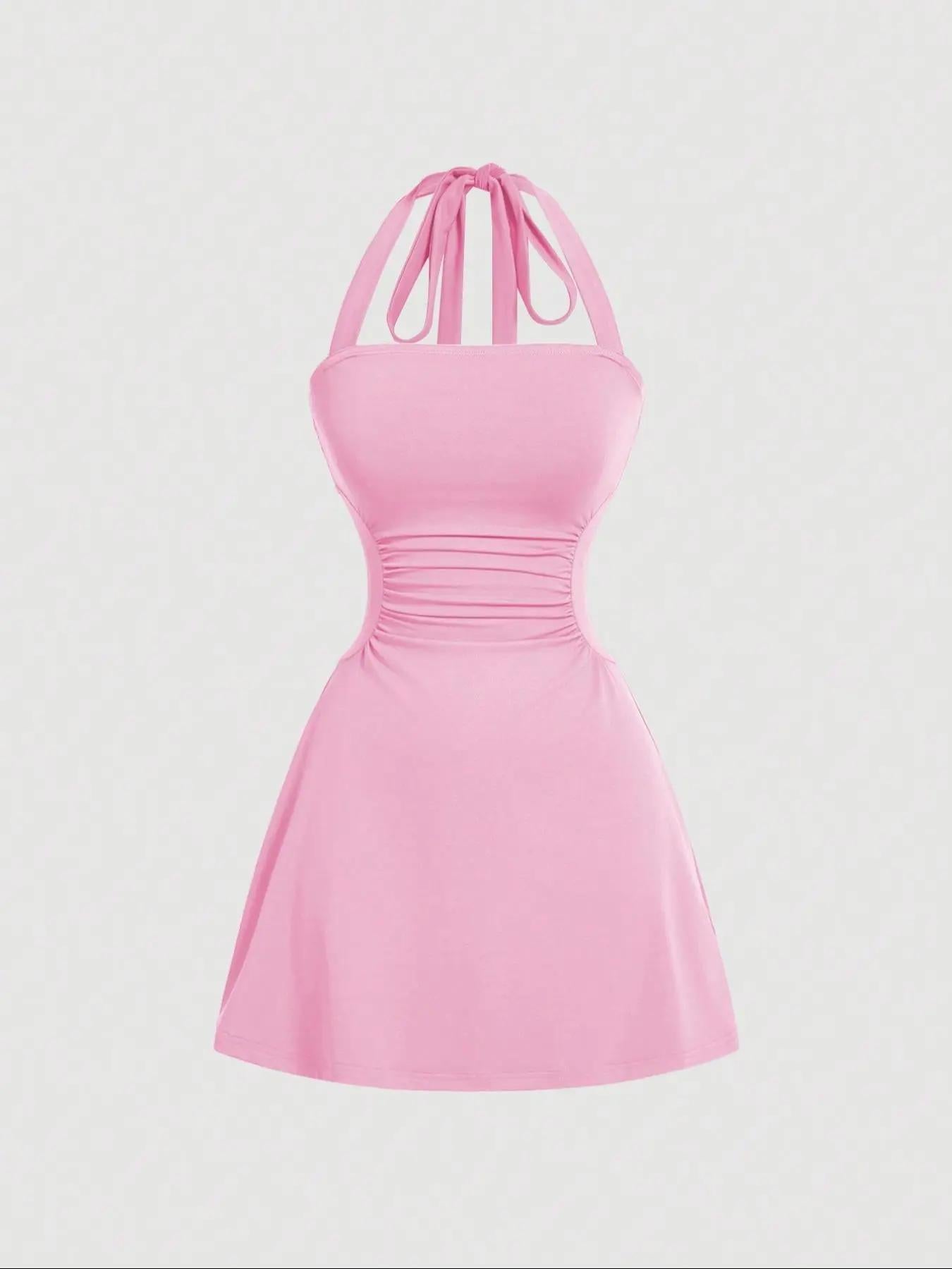 Women's Ruched Tie Back Halter Neck A-Line Mini Dress – Sleeveless Casual Summer Dress