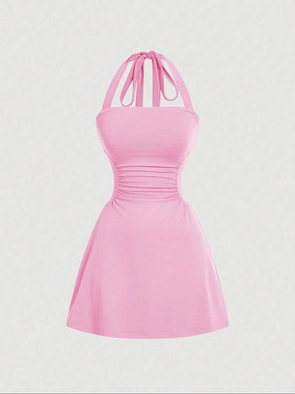 Women's Ruched Tie Back Halter Neck A-Line Mini Dress – Sleeveless Casual Summer Dress