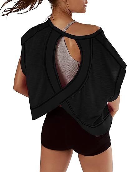 🔥Women’s Open Back Workout Tops Y2K Athletic Gym Slouchy Crop Running Tees