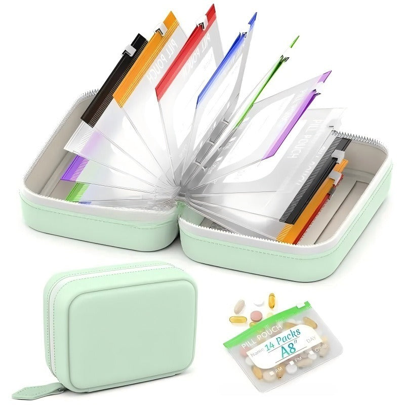 💊 Waterproof Pill Pouch Set – 14pcs A8 Bags, 7–14 Day Med Organizer with Color Labels