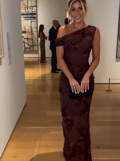 ✨2026 Women's Elegant Off-Shoulder Mesh Lace Midi Bodycon Dress with 3D Floral Applique