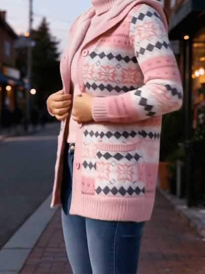 🧥 Women’s Hooded Coat – Thick Knit Printed Jacket, Button-Up Plus Size Mid-Length Outerwear