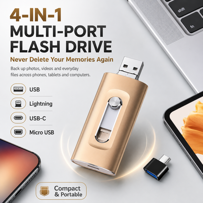 📱 4-in-1 USB Flash Drive for Phone & Computer – High-Speed Photo Backup & Multi-Port Memory Stick