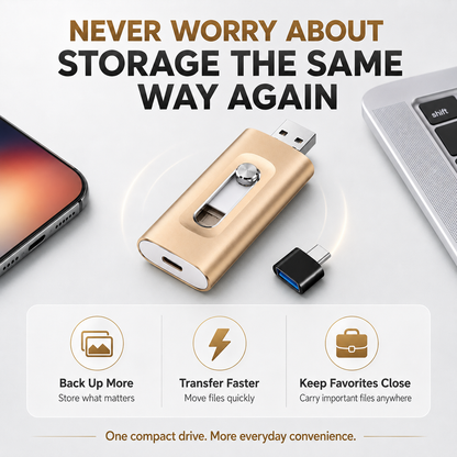 📱 4-in-1 USB Flash Drive for Phone & Computer – High-Speed Photo Backup & Multi-Port Memory Stick