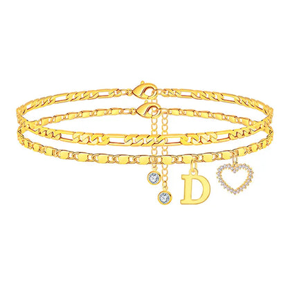 🎁Double-Layer 26-Letter Gold-Tone Chain Heart-Shaped Anklet with a heart-shaped pendant
